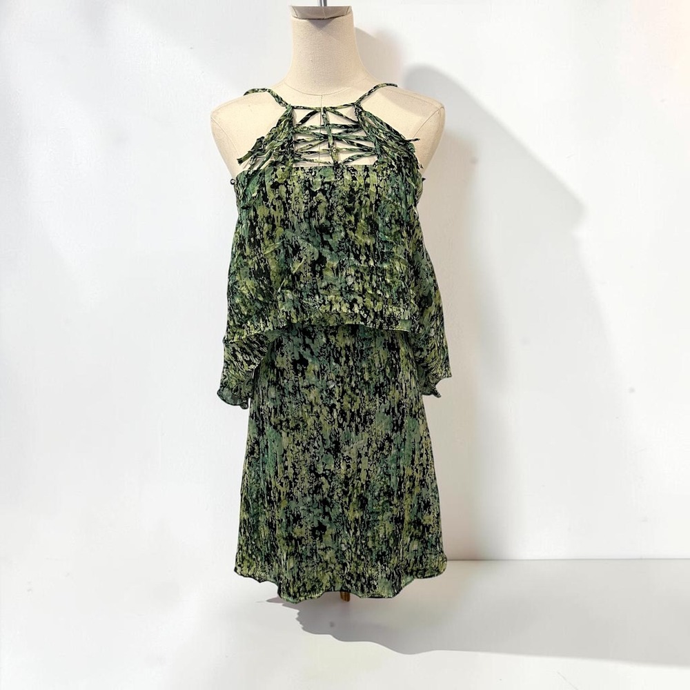 BCBGMAXAZRIA Silk Lattice Mini Dress Green Abstract Y2K Fairycore XXS Ethereal